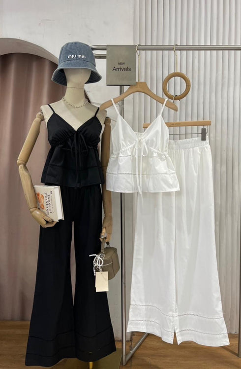Cotton Spaghetti Straps Ruched Up tops with Wide Leg Pants